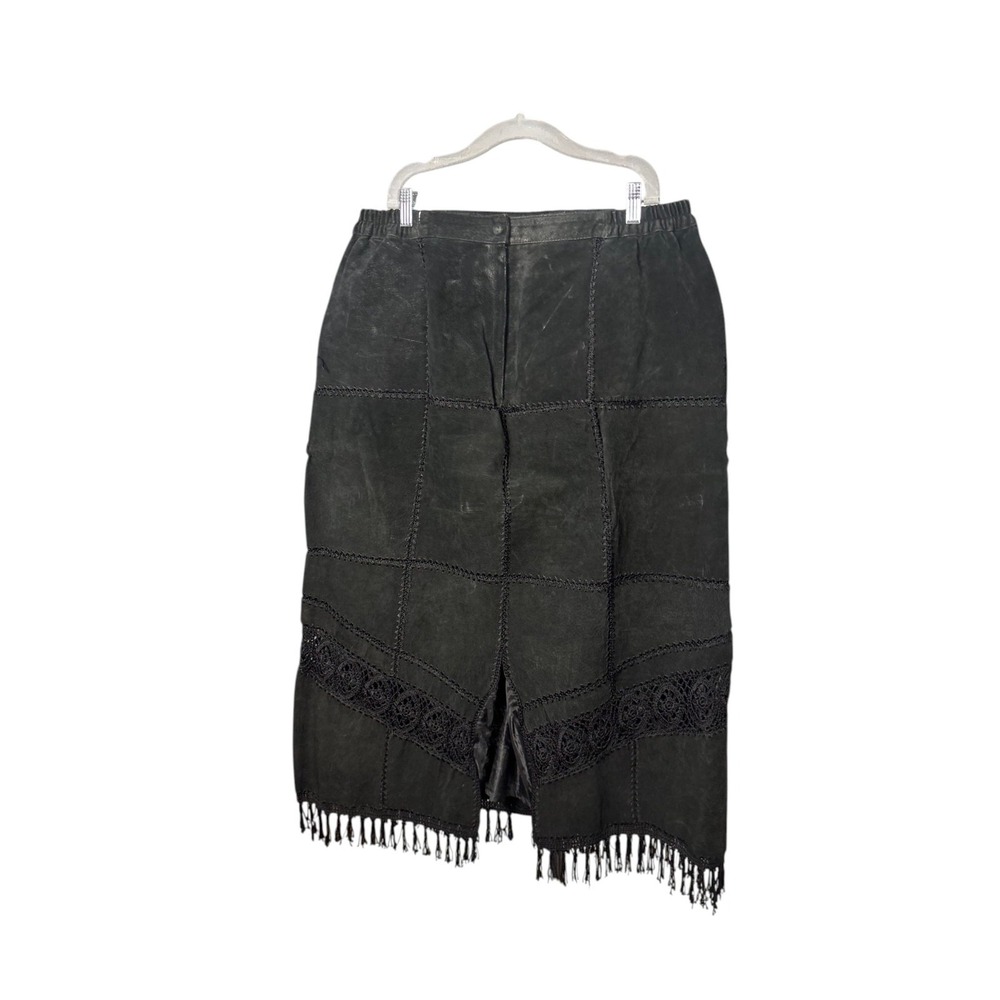 CBO Patchwork Leather Midi Skirt Crochet Fringe Hem Black Womens Size 1X Boho